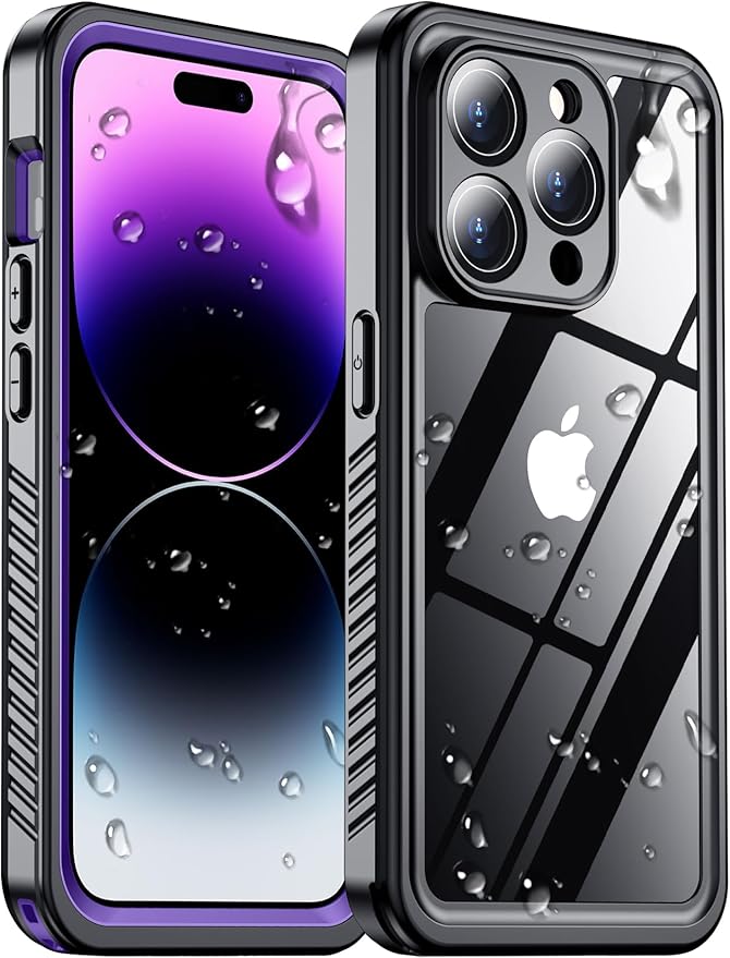 Temdan Compatible with iPhone 14 Pro Max Case Waterproof, Built-in Screen & Camera Protector IP68 Underwater Full Body 14FT Military Dropproof Shockproof Phone Case 6.7"-Purple/Clear