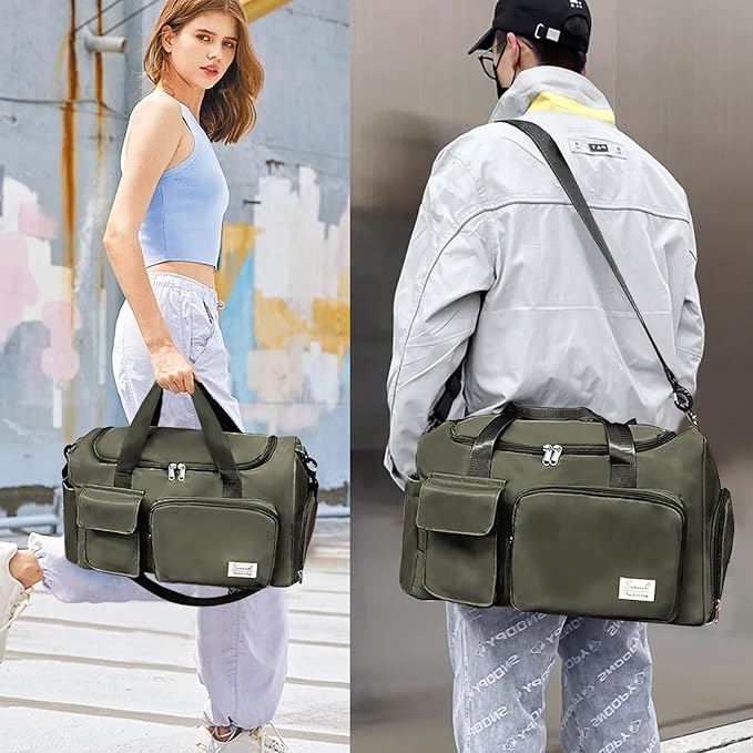 Suruid Gym Bag for Women Men, Travel Duffle Bag Large Capacity Carry On Weekender Bag With Shoe Compartment Gym Tote Dry Wet Separation Duffel Bag with Makeup Bag, Olive Green