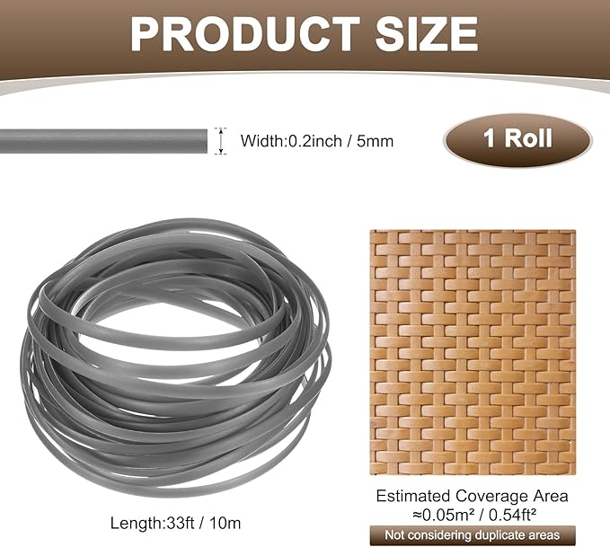M METERXITY 1-Pack Wicker Repair Kit, 5mm x 33ft/10m Plastic Flat Rattan Replacement Supplies for Patio Furniture Repair/Basket Making/Chair Weaving, Synthetic Woven Rattan [Light Gray]