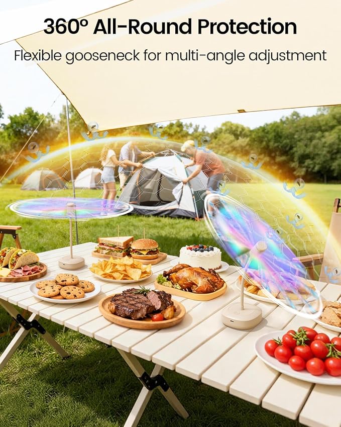 Edvision 4 Pack Food Table Fan, 2000mAh USB Powered Rechargeable Food Fan, Portable Fan with Flexible Goose-Neck and Soft Blades for BBQ, Patio, Party (Beige)