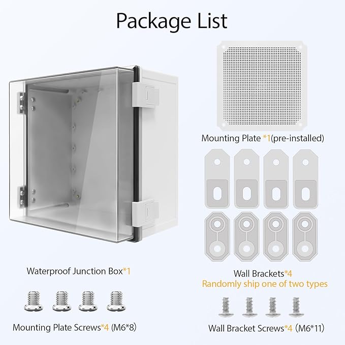 Junction Box, IP65 Waterproof Dustproof ABS Plastic Enclosure, Outdoor and Indoor Project Box Hinged Clear Cover with Mounting Plate Wall Brackets, Outer Dimension 11.8"x 11.8" x 7.1", Grey
