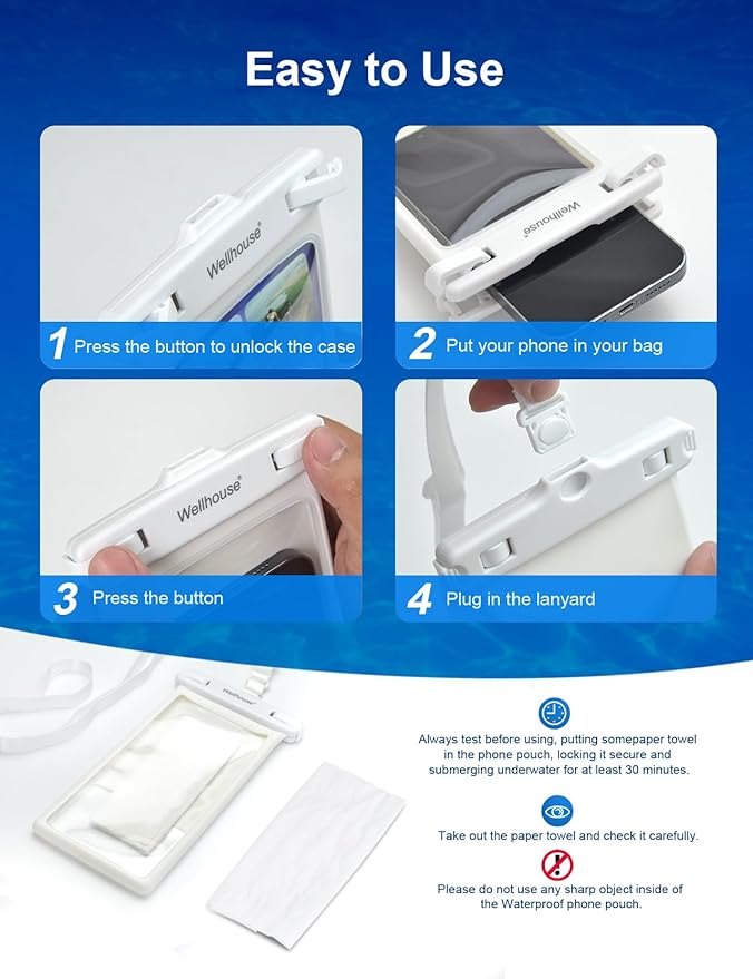 wellhouse Waterproof Phone Pouch, Waterproof Phone Case for iPhone 17 16 15 14 13 Pro Max XS Samsung, IPX8 3D Cellphone Dry Bag Beach Essentials (1 Pack - White8.0, 8 inch)
