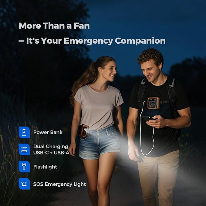 SEAINGO Portable Waist Fan Rechargeable – 10000mAh, 42 ft/s Max, 5 Speeds 16000RPM, Personal Cooling Wearable Clip Body Belt Shirt Fans, Hanging Neck Fan with Light for Camping Travel Outdoor Indoor
