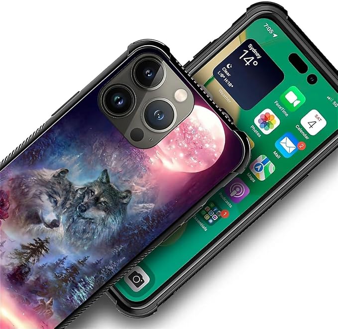 for iPhone 14 Pro Case, Star Two Wolfs Howling Pattern Graphic Design Girl Boy Soft Silicone Hard Acrylic Shock Protection for iPhone 14 Pro