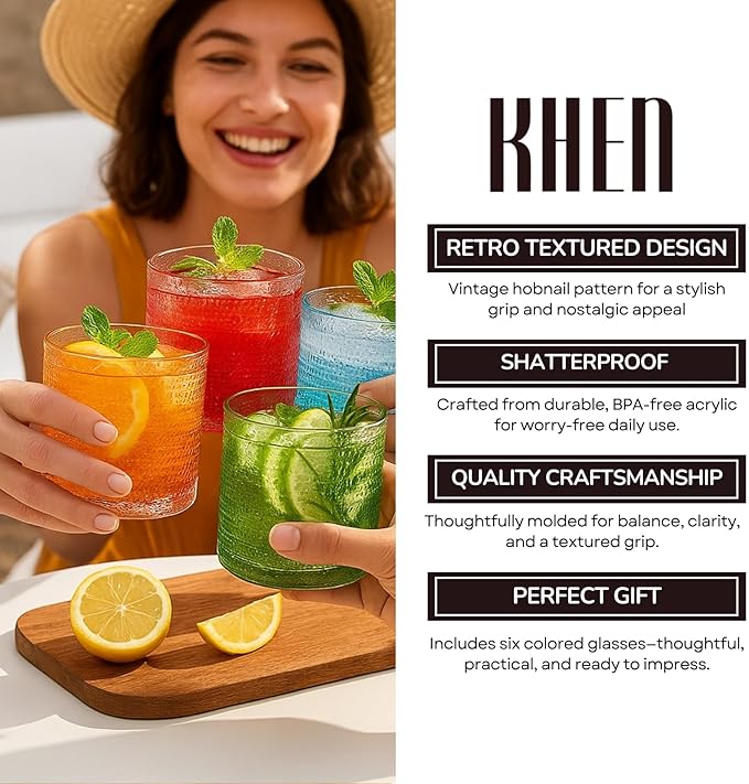 Khen Plastic Hobnail Drinking Glasses Set of 6 Neutral Tones Cups 10oz, Shatterproof & Unbreakable Acrylic Beaded Design, BPA-Free, Dishwasher Safe Indoor/Outdoor Drinkware for Water, Juice, Cocktails