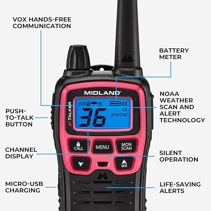 Midland T71PNK X-TALKER FRS Walkie Talkies with NOAA Weather Scan & Alert – Long Range Two-Way Radios – 36 Channels, 121 Privacy Codes – for Camping, Overlanding, Rock Crawling – Black/Pink, 2 Pack