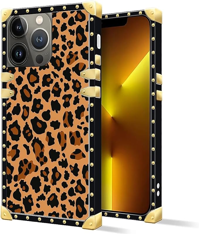 Compatible with iPhone 13 Pro Max Case, Brown Leopard Texture Luxury Golden Decoration for Girl Women Soft TPU Shockproof Protective Hard PC Back for iPhone 13 Pro Max
