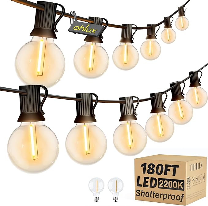 OHLUX Outdoor String Lights, 180FT LED Patio Lights with 82 Dimmable Plastic G40 Globe Bulbs 2 Spares, 2200K Waterproof Connectable Hanging Lights for Backyard Porch Cafe Party Decor E12 Socket