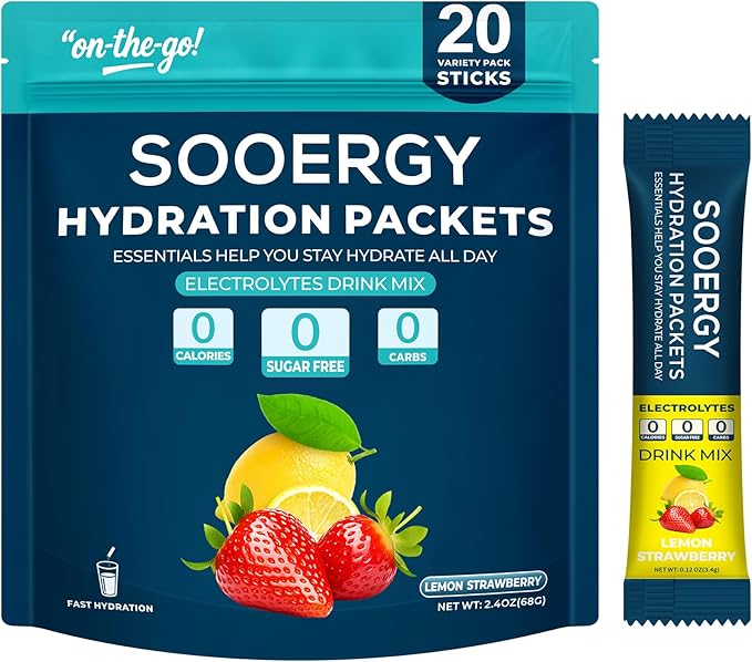 Electrolytes Powder Packets Sugar Free Hydration Packets, Liquid Daily IV Electrolyte Drink Mixex for Rehydration with Electrolytes, Vitamins, 0 Calorie, Lemon Strawberry Flavor, 20 Sticks