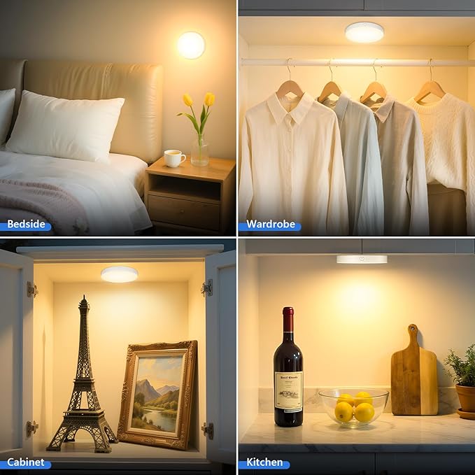 Ferswe Dimmable Touch Lights, 3000K Rechargeable Tap Light with 1000mAh Large Battery, Stick on Lights for Closet, Cabinet, Shelf, Wall and Desk(2 Pack)