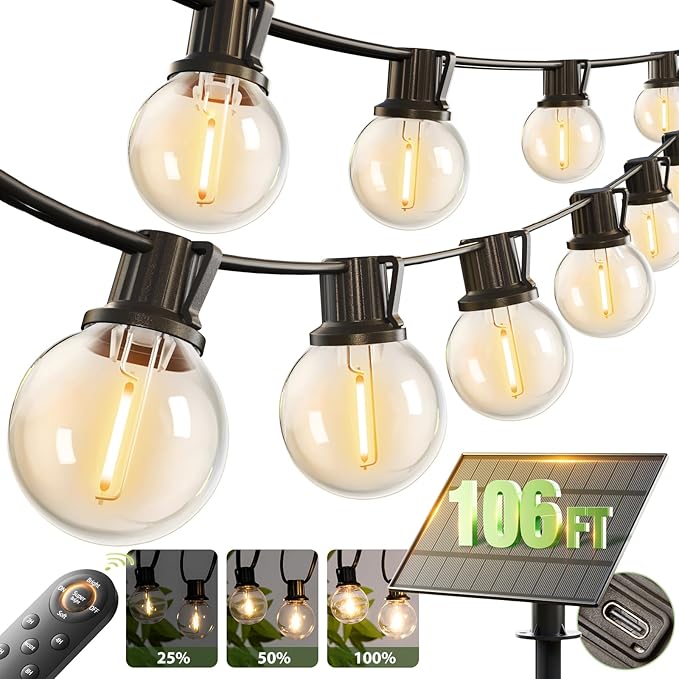 addlon 106FT(100+6) Solar String Lights with Remote, 54 Shatterproof G40 Bulbs, Commercial Grade Solar Powered Outdoor Light, Dimmable Waterproof Solar Lighting Outdoor for Garden Backyard Party Decor