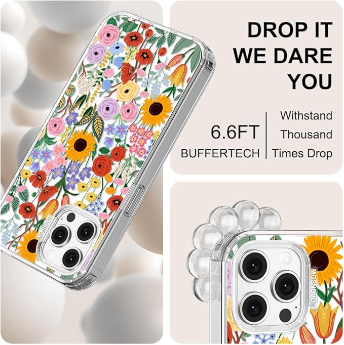 MOSNOVO Case for iPhone 12 & iPhone 12 Pro, [Buffertech 6.6ft Military-Grade Drop Protection] [Anti Peel Off Tech] Clear TPU Bumper Phone Case Cover Design - Blossom & Bloom