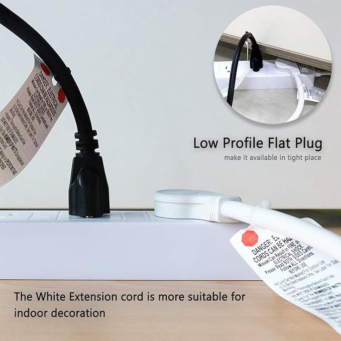 FIRMERST 1875W Flat Plug Extension Cord 10 Feet 14 AWG 15A White, Pack of 2
