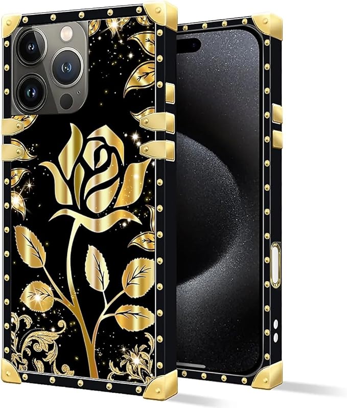 Compatible with iPhone 16 Pro Case, Shine Gold Rose Luxury Golden Decoration for Girl Women Soft TPU Shockproof Protective Hard PC Back for iPhone 16 Pro