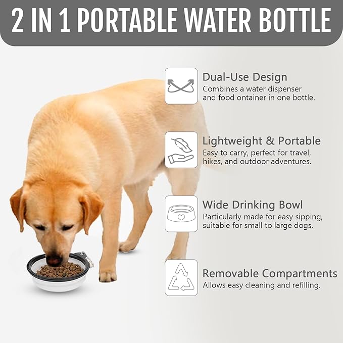 Dog Travel Water Bottle W/Collapsible Bowls - Portable 2 in 1 Leakproof Pet Water Bottle Food Container Ideal for Travel, Outdoor Portable Water Bowls for Walking, Camping & Hiking - (White)