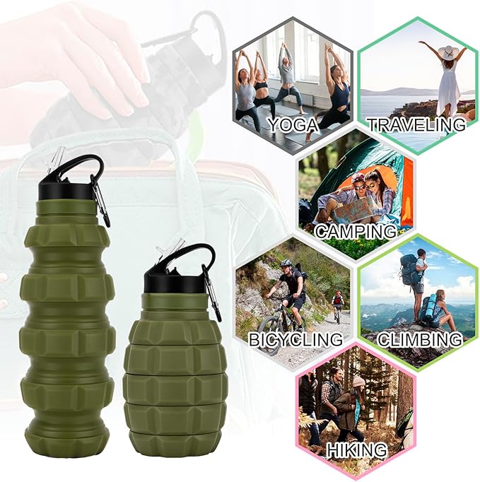Collapsible Travel Water Bottle 19.6 oz, Reuseable Silicone Foldable Water Bottles for Gym Camping Hiking, Portable Leak Proof Sports Water Bottle with Carabiner (Noble Army Green)