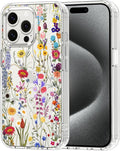 MOSNOVO Case for iPhone 15 Pro Max, [Buffertech 6.6ft Military-Grade Drop Protection] [Anti Peel Off Tech] Clear TPU Bumper Phone Case Cover Design - Wildflower Meadow