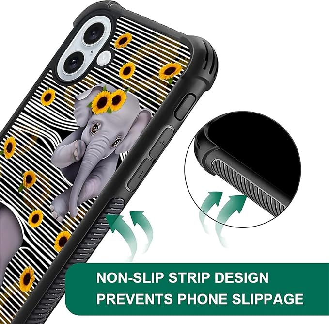for iPhone 16 Plus Case, Cute Little Elephant Sunflower White Line Art Pattern Graphic Design Girl Boy Soft Silicone Hard Acrylic Shock Protection for iPhone 16 Plus