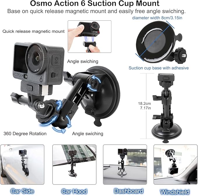 for Osmo Action 6 Osmo Nano Camera Suction Cup Mount,Quick Release Magnetic Mount 360 Rotation Suction Cup Holder Windshield Dash Holder with for DJI osmo Action 6 for GoPro Osmo Nano Accessories