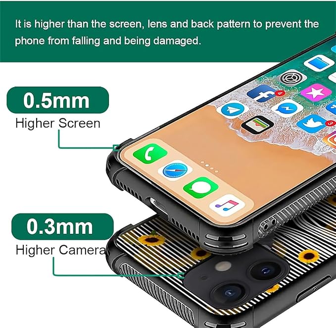 for iPhone 12/12 Pro Case, Cute Little Elephant Sunflower White Line Art Pattern Graphic Design Girl Boy Soft Silicone Hard Acrylic Shock Protection for iPhone 12/12 Pro