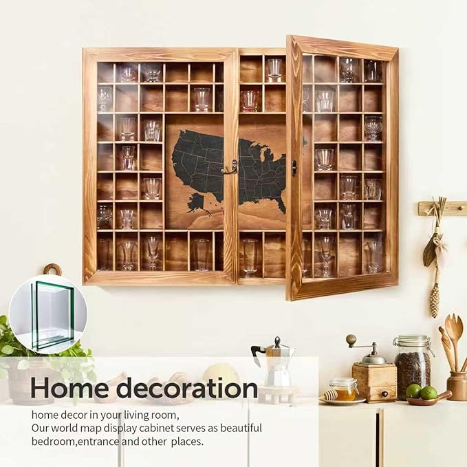 Large Map Shot Glass Display Case 60 Slots with Door, 34 x 26''Rustic Brown Wood Holder for 2 Different Size Shot Glasses (US Map-with Acrylic Glass Door, Pedestal)