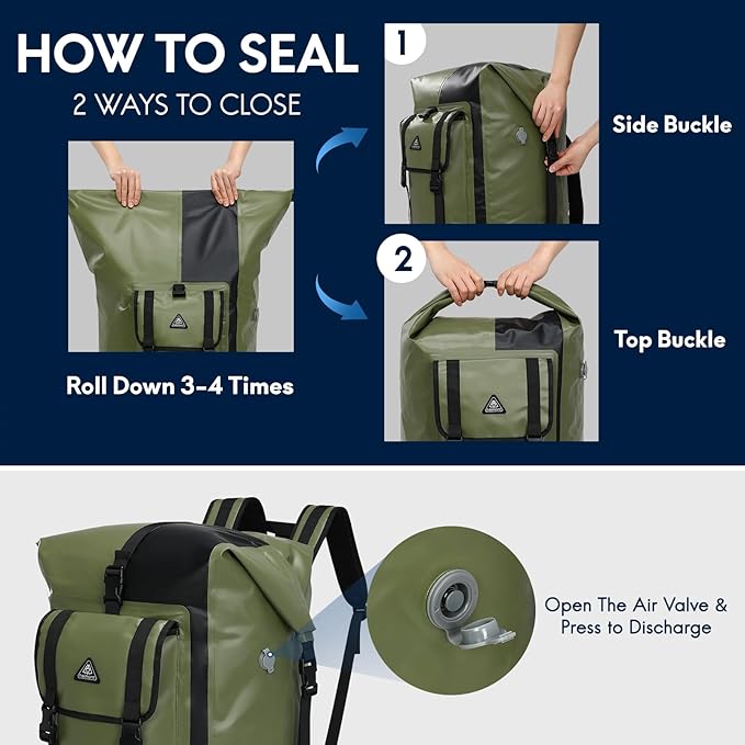 Haimont Waterproof Dry Backpack IPX7 Roll-top Dry Large Marine Dry Bag for Men Kayaking Rafting, 100L, Army Green/Black