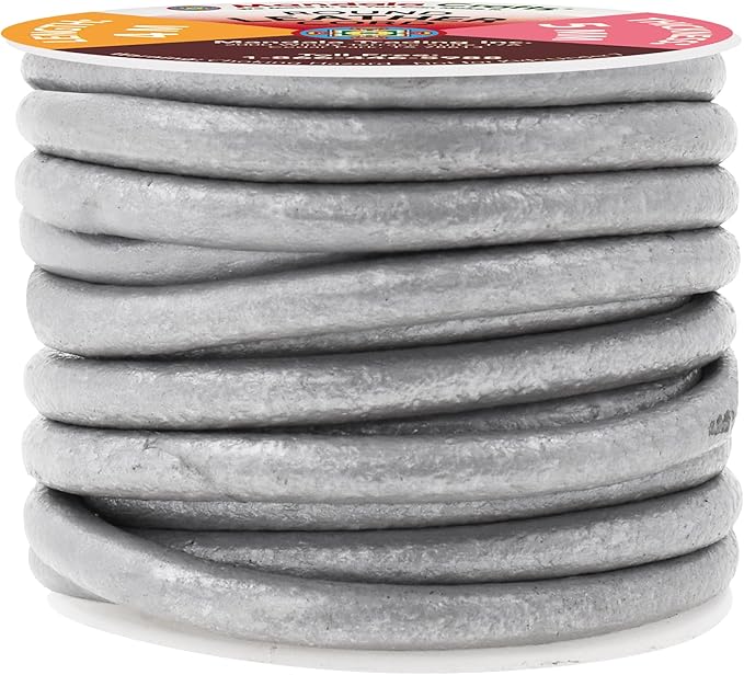 Mandala Crafts Round Genuine Silver Leather Cord for Jewelry Making – 5mm Cowhide Leather Rope String Lace for Kumihimo – 4.4 Yards Cowhide Craft Cording Spool