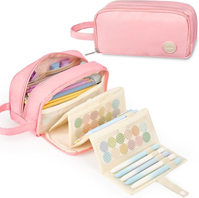 Sooez Pencil Case, Large Pencil Pouch Pencil Bag with Pull-Out Organizer for Quick Access, Cute Pencil Case with Sturdy Zipper, Aesthetic School Supplies for Girls Boy Women, Pink