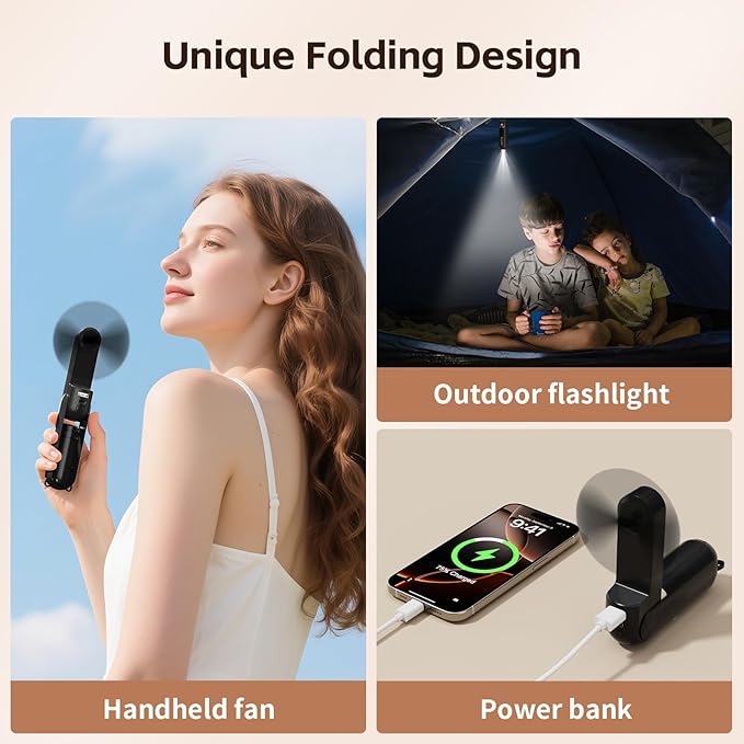 Mini Handheld Fan,USB Rechargeable 3 IN 1 Personal Cooler Fans with Power Bank,LED Flashlight,Small Foldable Portable Pocket Fan-Travel & Emergency Essentials for Outdoor Black