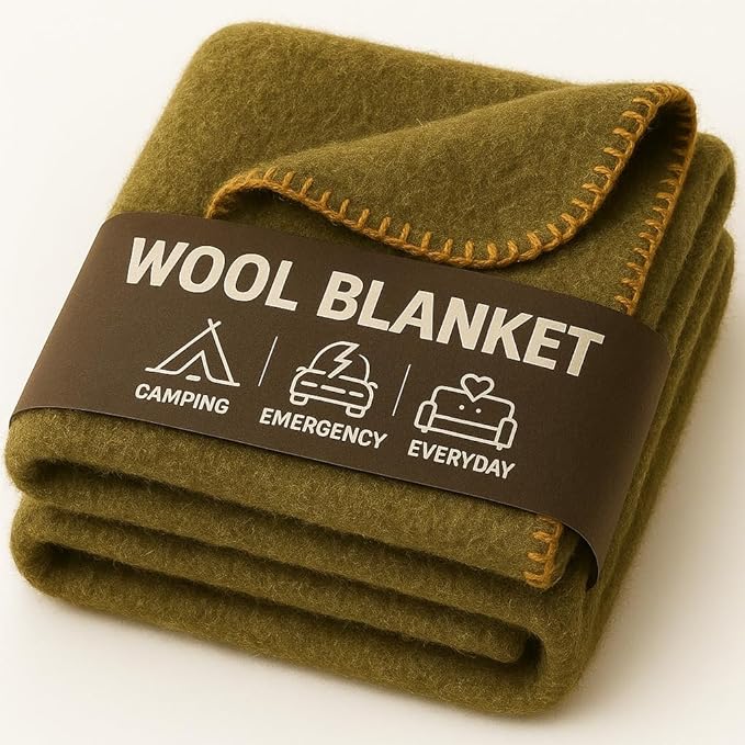 Wool Camping Blanket - 70% Wool Heavy-Duty Military Style Throw, Warm & Washable, Fire Retardant Cover for Emergency, Survival & Outdoor Use - Perfect for Camping, Car, Home & Hiking, Olive 66x90