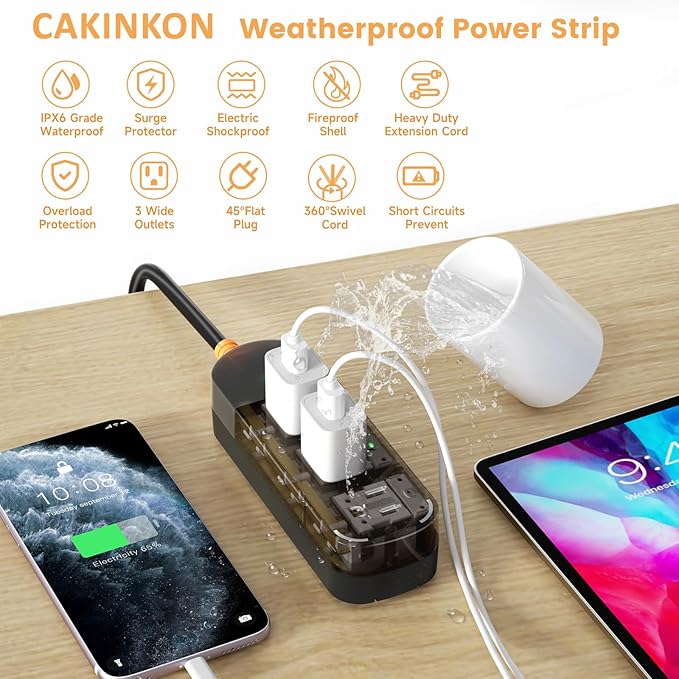 Outdoor Power Strip Weatherproof 6 FT Outdoor Extension Cord Waterproof Surge Protector Power Strip, 3 AC Outlets, 1625W - for Camping, Home, Office, Garden, Dorm, FCC UL Listed