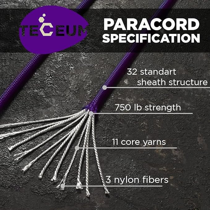 TECEUM 5/32" Paracord Rope 1000 – 1000ft / 200ft / 100ft / 50ft – Tactical Parachute Cord 4mm – 45+ Colors – Nylon String for Survival & Camping Gear – Stripe Cord for Survival – Utility Rope
