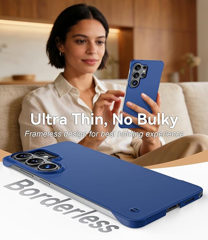 GRECAZO Slim Borderless for Samsung Galaxy S26 Phone Case 6.3"(2026) Ultra-Thin Lightweight Frameless Matte Hard PC Cover Case with Pull Ring Minimalist Non Slip Rope-Blue