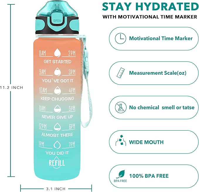 Enerbone 32 oz Water Bottle with Times to Drink and Straw, Motivational Drinking Water Bottles with Carrying Strap, Leakproof BPA & Toxic Free, Ensure You Drink Enough Water for Fitness Gym Outdoor