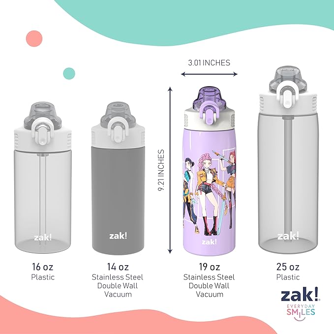 Zak Designs KPop Demon Hunters Sage Kids Water Bottle For School or Travel, 19oz Stainless Steel Water Bottle With Straw, Handle, and Leak-Proof, Pop-Up Spout Cover (Rumi, Mira, Zoey)