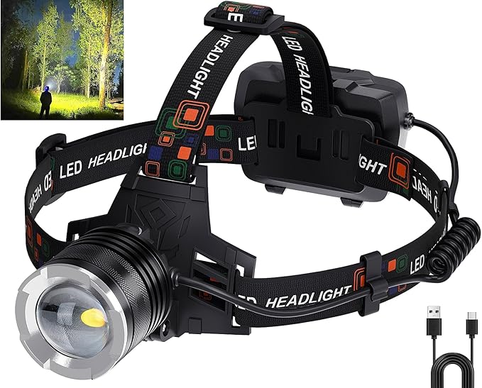 LED Rechargeable Headlamp, 99,000 Lumens Head Lamps (Include Βattery) Super Bright Long Distance Headlamps with 5 Mode Waterproof, 90° Adjustable Head Lights for Forehead Adults Outdoor Camping