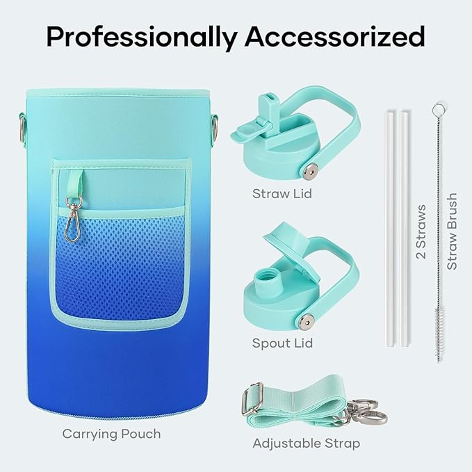 BUZIO 1 Gallon Water Jug with Straw Lid, 128oz Water Bottle Stainless Steel Triple Wall Hydro Jug 18/8 Food Grade Thermo Mug Keep Cold 48H & Hot 24H, Caribbean Blue