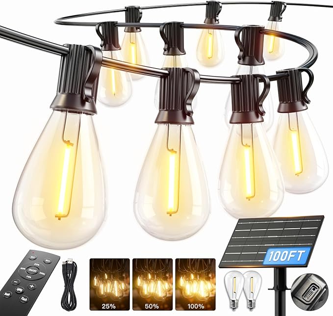 100FT Solar String Lights Outdoor Waterproof, 35+1 LED Solar Powered Lights with Remote Control, 3 Light Modes & Dimmable, USB-C Charging for Patio, Backyard, Garden, Camping
