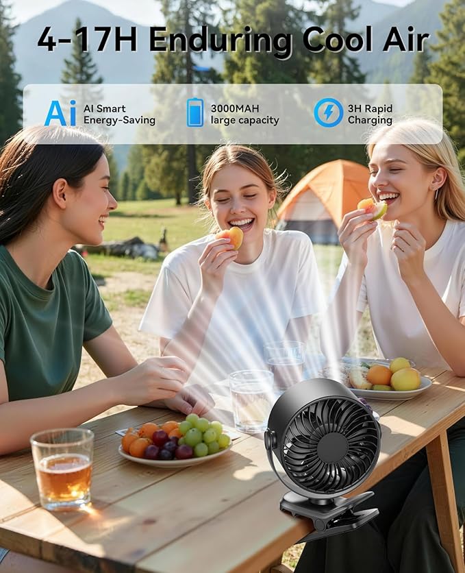 KIMMOO Portable Clip on Fan, 100-Speed Rechargeable USB Fan with LED Display, 360° Rotation & Strong Airflow Desk Fan, Up to 17 Hours Small Battery Fan for Outdoor Travel Camping Treadmill Car (Black)