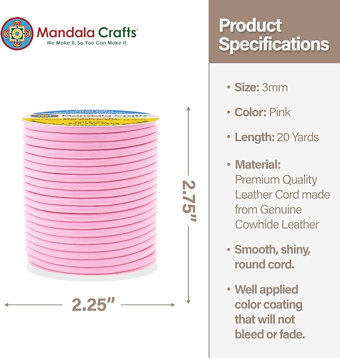 Mandala Crafts Round Genuine Pink Leather Cord for Jewelry Making – 3mm Cowhide Leather Rope String Lace for Kumihimo – 20 Yards Cowhide Craft Cording Spool