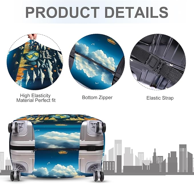 ANNA QUEEN World Travel Luggage Cover, Adventure Theme Suitcase Protector, Stretchable Washable Cover for 24-26 Inch Luggage