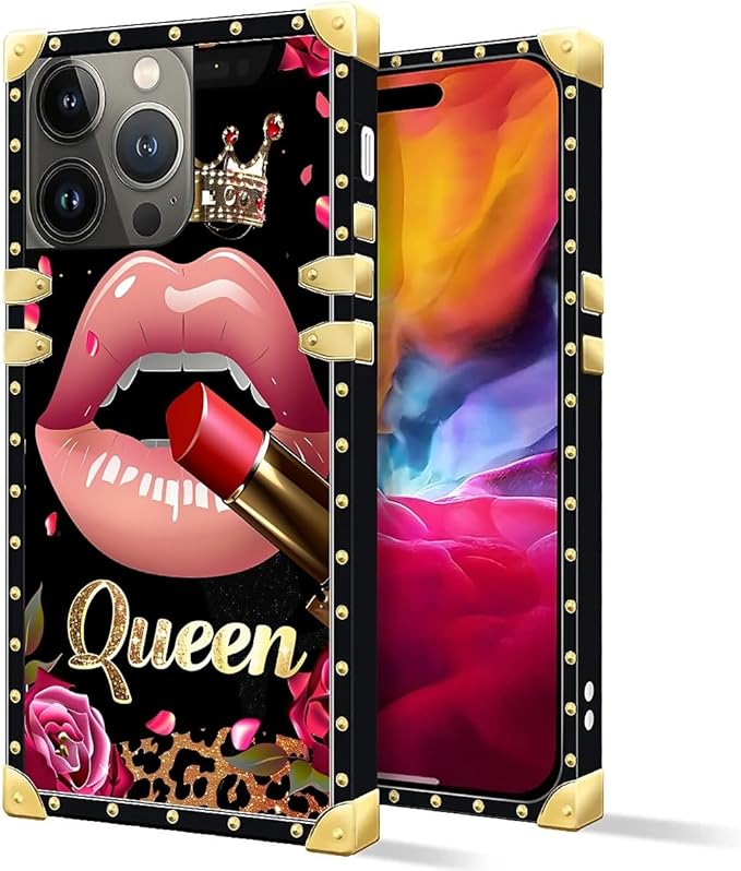 Compatible with iPhone 15 Pro Max Case, Glitter Red Rose Queen Leopard Lipstick Luxury Golden Decoration for Girl Women Soft TPU Shockproof Protective Hard PC Back