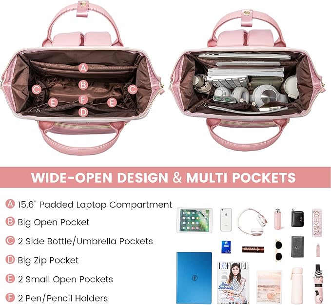 LOVEVOOK Leather Backpack for Women, 15.6 Inch Laptop Bag, Professional Work Tote for Nurse College Teacher, Computer Travel Purse, Beige White-Pink