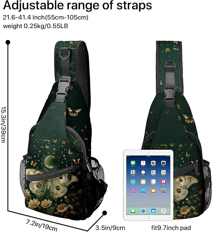 FyLybois Moth Sling Bag for Women Lightweight Crossbody Backpack Casual Daypack with Adjustable Strap for Travel Work Hiking Everyday Use