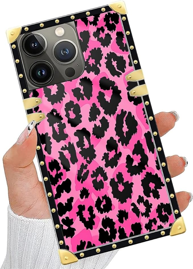 Compatible with iPhone 15 Pro Max Case, Pink Black Leopard Luxury Golden Decoration for Girl Women Soft TPU Shockproof Protective Hard PC Back for iPhone 15 Pro Max
