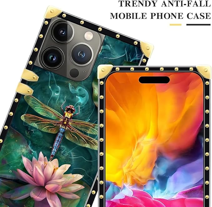 Compatible with iPhone 15 Pro Case, Colourful Dragonfly Pink Lily Pads Luxury Golden Decoration for Girl Women Soft TPU Shockproof Protective Hard PC Back for iPhone 15 Pro