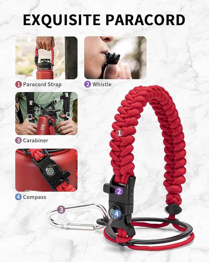 Trebo Water Bottle 40oz with Paracord Handle, Half Gallon Large Vacuum Triple Wall Stainless Steel Insulated Water Jug with Holder Strap Straw Spout Lids, Leakproof Keep Cold & Hot, Red