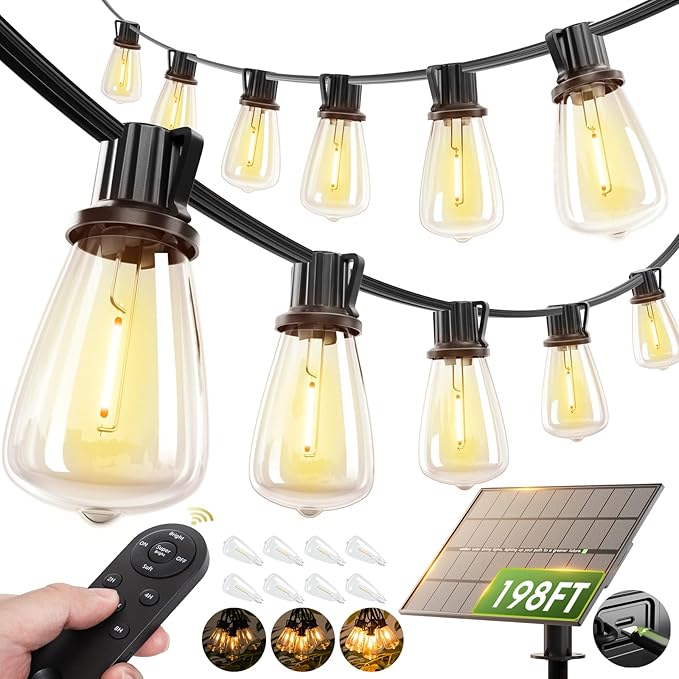 addlon 198(192+6) FT Solar String Lights Outdoor Waterproof with Remote, 96+8 LED Shatterproof Bulbs, Dimmable & Timable, Solar Lights Outdoor, Patio Lights for Garden,Backyard,Party,Camping Decor