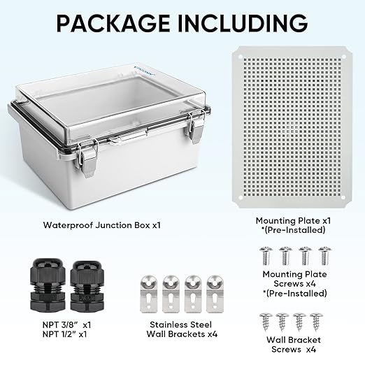 TICONN Outdoor Electrical Box Waterproof, Junction Box IP67 ABS Plastic Enclosure with Hinged Cover with Mounting Plate, Wall Brackets, Cable Glands (Clear, 15.7"x11.8"x7.1")
