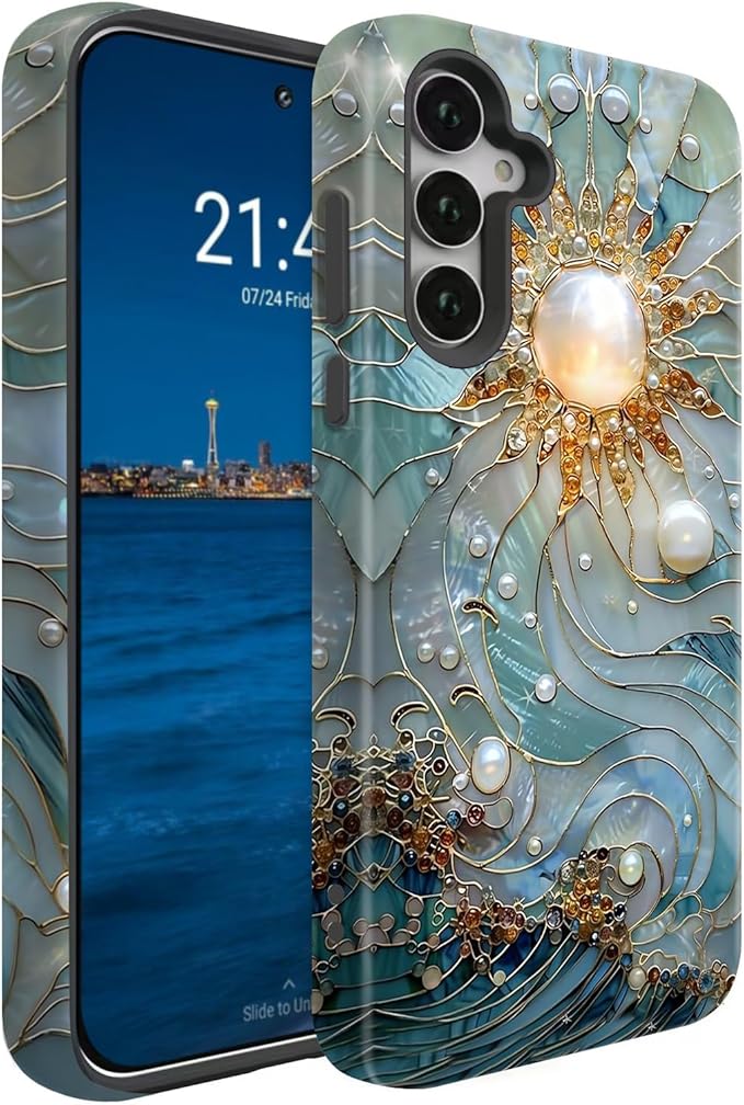 Compatible for Samsung Galaxy A37 5G Case, Dual Layer Heavy Duty 2 in 1 Shockproof Protective Phone Case,Sun Waves Pearl